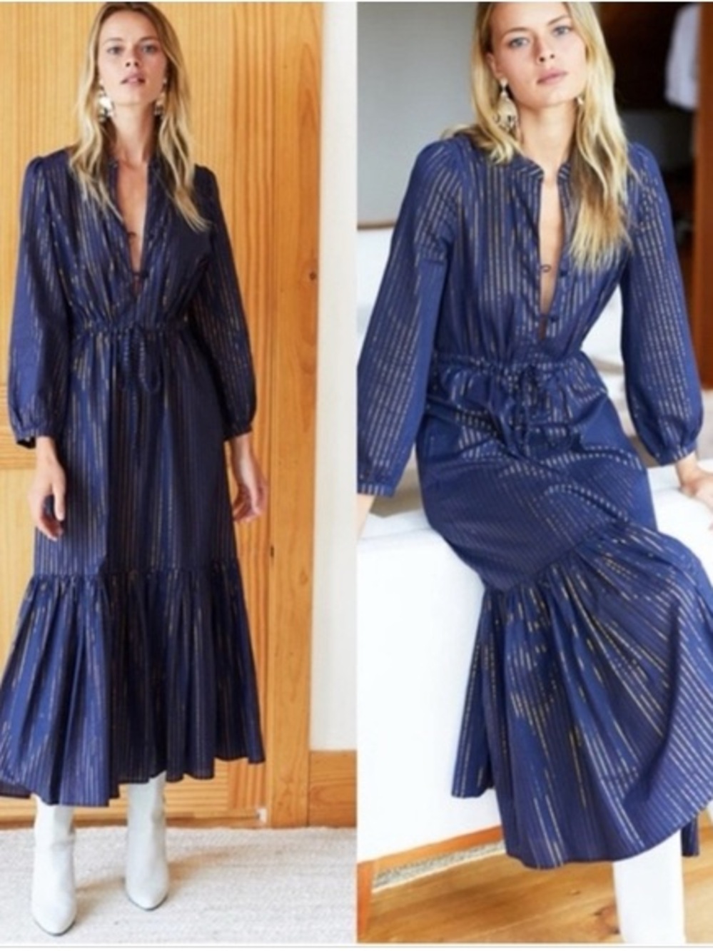 Emerson Fry India Collection Navy Pinstripe Maxi Dress